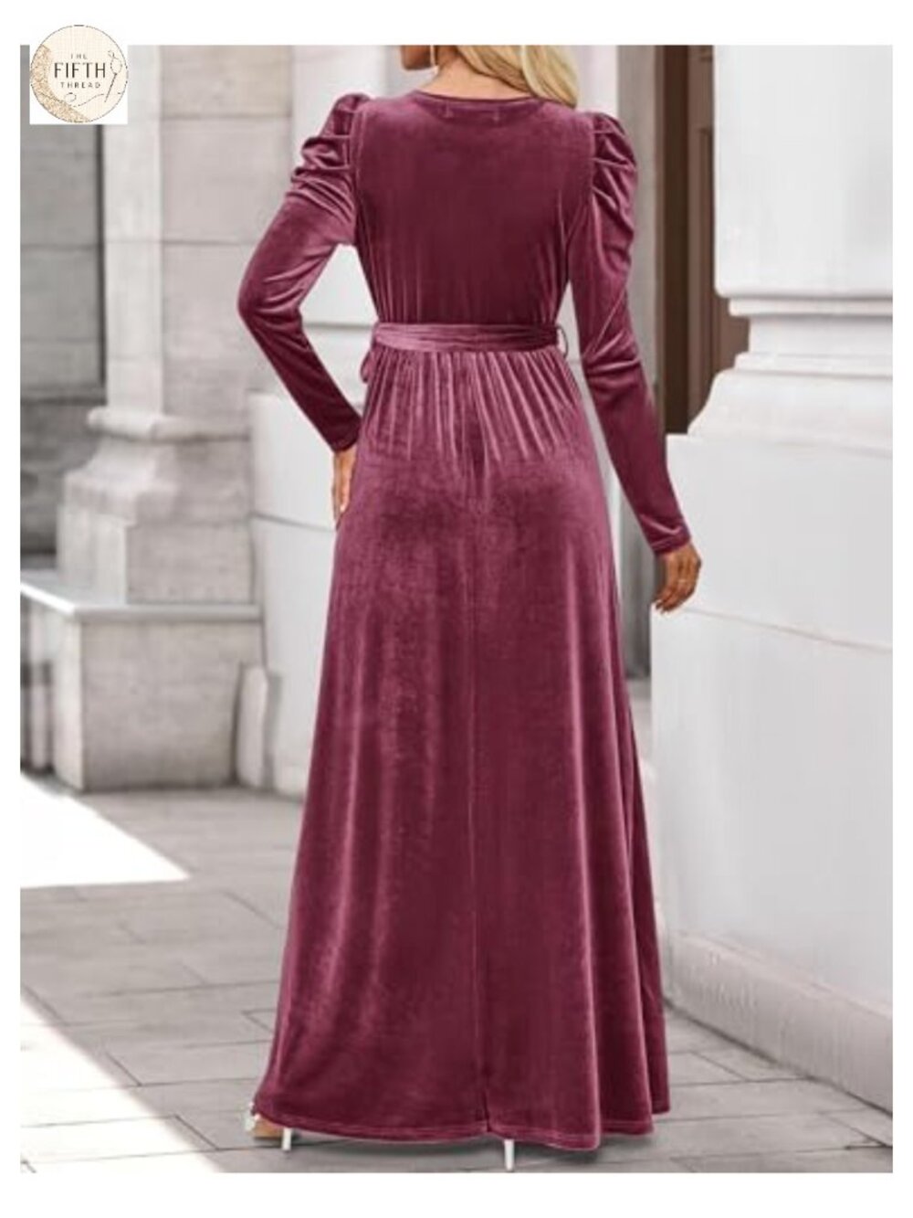 Velvet Long Puff Sleeve Maxi Dress Tie Waist Ruched Formal - Picture 3 of 6